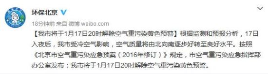 北京将于今日20时解除空气重污染黄色预警